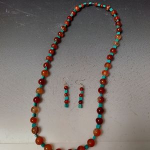 Carnelian  turquoise necklace graduated beads 24in matching earrings
